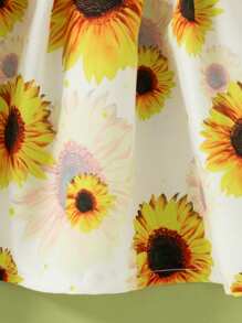 Baby Girls' Cute Yellow Cap Sleeve Bow Sunflower Print Summer Vacation Dress - Yellow - View 3