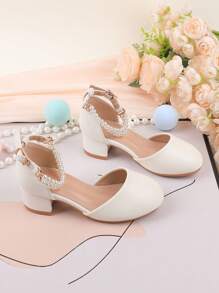 女童珍珠装饰花童婚礼派对芭蕾舞粗跟高跟礼服,舞蹈演奏鞋,钩环花卉日常休闲鞋,适合大中小童 - 白色 - 查看 7