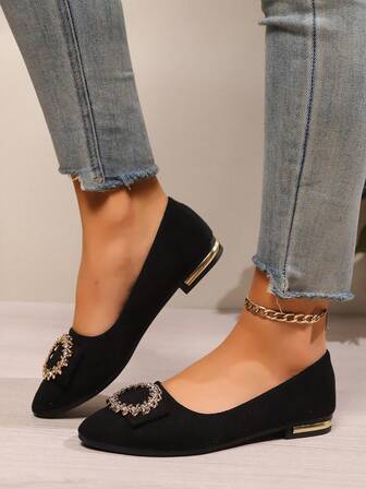 女士平头尖头一脚蹬鞋，新款软底低跟休闲乐福鞋，防滑办公工作鞋，时尚水钻轻便透气纯色平底鞋