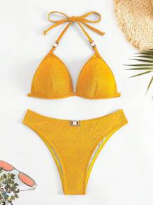 Latest Design Solid Color Bikini Set For Women, Special Textured Fabric Bikini Set, Cross-Border European And American Styles - Yellow - View 1