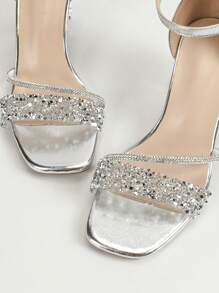 女士时尚优雅闪亮水钻装饰透明露趾踝带粗跟凉鞋，迷人的夏季度假派对婚礼晚礼服高跟鞋，适合通勤、户外活动