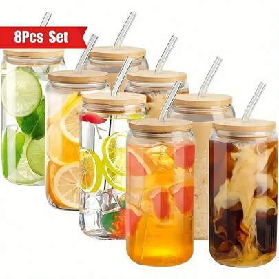 8pc, Glass Cup With Bamboo Lid And Glass Straw+Straw Brush, Exquisite Glass Cup, Essential For Furniture And Kitchen, Party Supplies, Straw Cup Perfect For Soda Water, Boba Tea, Iced Coffee Cup, 18.7oz