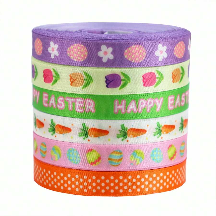 1/6Pcs 5 Yards Of Easter Ribbon With Colorful Eggs And Small Carrots Premium Satin 1CM Spring DIY Ribbon For Wreath Making Gift Bows Bunny Party Decorations Easter Basket Trim Pastel Spring Crafts - Multicolor - View 1