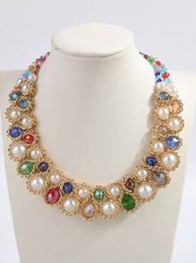 1pc Fashionable Crystal Pearl Beaded Double Row Necklace For Women