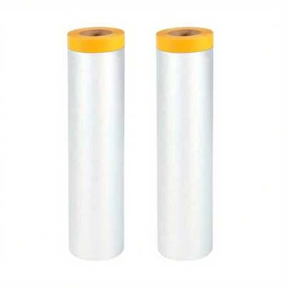 2 Rolls 12M Dust Sheet Rolls,Masking Film Rolls With Self-Adhesive Tape,Plastic Dust Sheet,Drop Film Pre-Taped Masking Film For Painting Decorating Covering