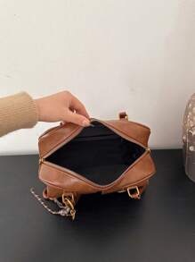 Classic Clown Solid Color PU Waterproof Fabric, Letter Graphic Decor Design, Multi-Pocket Shell Bag, Shoulder Bag, Underarm Bag, Pendant Decor Design, Suitable For Travel, Shopping, Commuting, Party, Date And New Year Wear - Brown - View 7