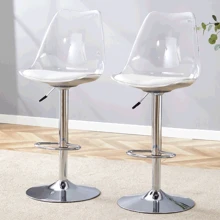 MUUOKY Modern Minimalist Acrylic Bar Stools With Mid Back, Set Of 2, Can Rotate 360 ° And Adjust Lifting, PET Backrest And White PU Seats, Transparent Adjustable Swivel Airlift Barstools, Counter Height Bar Chairs For Kitchen Dining Pub Cafe, And Front Desk Cashiers - Bạc - Xem 2