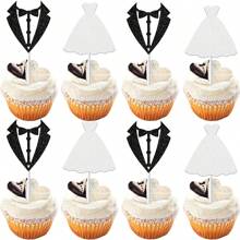 12PCS Wedding Cupcake Toppers Glitter Groom And Bride Cupcake Picks Bridal Shower Wedding Engagement Party Cake Decorations Supplies