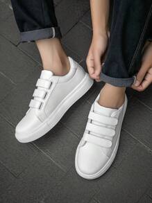 (Runs Small) Men's Classic Fashion Versatile White PU Splicing Hook And Loop Easy Wear Skate Shoes, Outdoor Sports Comfortable Non-Slip Low-Top Lightweight Flat Walking Shoes