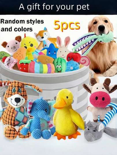 2/5 piezas Juguetes de peluche con sonido de dibujos animados para mascotas, colores y estilos aleatorios, adecuados para autoentretenimiento, consumo de energía y limpieza dental para perros de raza pequeña a mediana