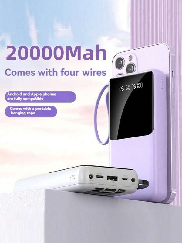 Carregador portátil integrado com 4 cabos, banco de energia de carregamento rápido de 20.000 mAh, bateria externa USB C leve, carregador compacto para celular de viagem compatível com iPhone 16, 15, 14, 13, 12 Pro/Pro Max S22, S21, iPad, etc.