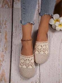 Fall/Winter Women's Lace Hollow Flat Mules, Comfortable Linen Casual Slip-On Sandals, Summer - Apricot - View 3