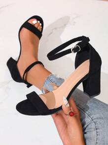 女士简约奢华高跟凉鞋，带扣设计，时尚夏季款式，绒面粗跟鞋 - 黑色 - 查看 5