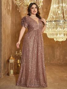UNITHORSE Plus Deep V-Neck Princess Sleeve Ruched Sequin Embellished Long Dress, Evening Party Gown, Wedding Guest Dress, Formal Dress, Fall Women Clothes - 咖啡棕 - 查看 3