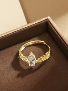 1 件 925 纯银白色水钻叶形可调节戒指，独特精致的女士礼品珠宝 - 金色 - 查看 4