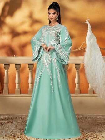 AmazingHoney 优雅薄荷绿长款珍珠缀饰长袍，宽袖端庄阿巴亚，女士奢华长袍，迪拜风格礼服，中长裙，奢华派对阿巴亚（超大尺码 - 请查看尺码表）