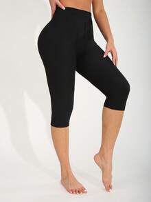 Women's Casual Elastic Spandex Sports Leggings, Solid Color Soft Comfortable Brushed Fabric Tights, Suitable For Fitness, Workout, Running, Home Exercise, Deep Squat, Yoga, Outdoor, Beach, Party, Walking, Cycling, Capri Length