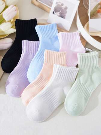 5 双女士短袜，颜色随机，时尚纯色休闲运动透气袜子，春夏