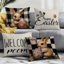 4 件套复活节复古黑白格子兔子枕套套装，单面印花毛绒天鹅绒，45 * 45 厘米/18 * 18 英寸靠垫套适用于现代布艺沙发室内装饰、派对装饰、礼物 - 彩色 - 查看 1