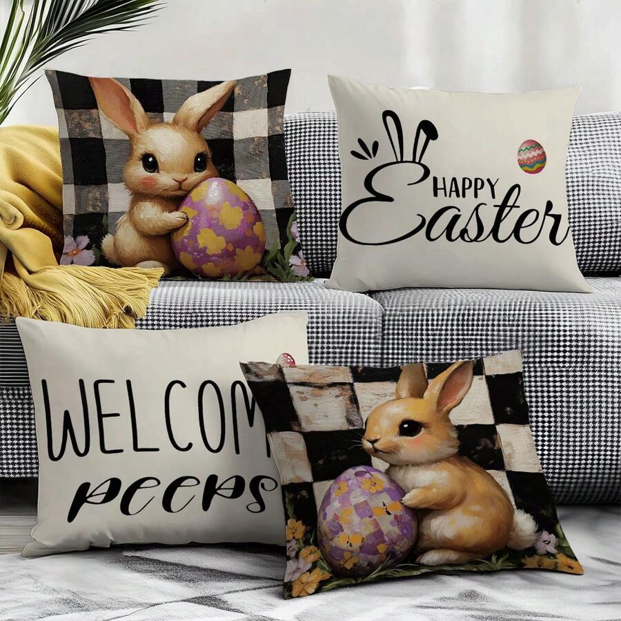 4 件套复活节复古黑白格子兔子枕套套装，单面印花毛绒天鹅绒，45 * 45 厘米/18 * 18 英寸靠垫套适用于现代布艺沙发室内装饰、派对装饰、礼物 - 彩色 - 查看 1