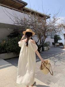 女士夏季度假风宽松露肩花瓣袖连衣裙 - 杏色 - 查看 5