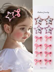 16pcs/Set Girls Kids Pink Glitter Star/Bowknot Cute Princess Five-Pointed Star Hair Clips, Versatile Hair Accessories For Daily Use - Multicolor - View 1
