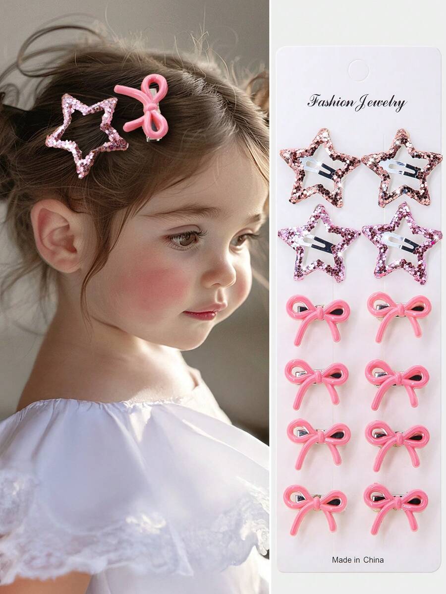 16pcs/Set Girls Kids Pink Glitter Star/Bowknot Cute Princess Five-Pointed Star Hair Clips, Versatile Hair Accessories For Daily Use - Multicolor - View 1