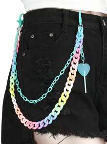 Cadena de pantalón de resina arcoíris de doble capa con Charm de paleta de corazón - Accesorio ligero y de moda para jeans y faldas