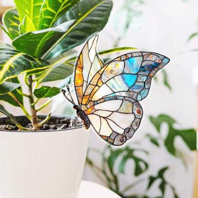1pc Two-Sided Colorful Flowerpot Butterfly Hanging Decor, Stained Glass Style Home Potted Plant Decoration, Garden Stake