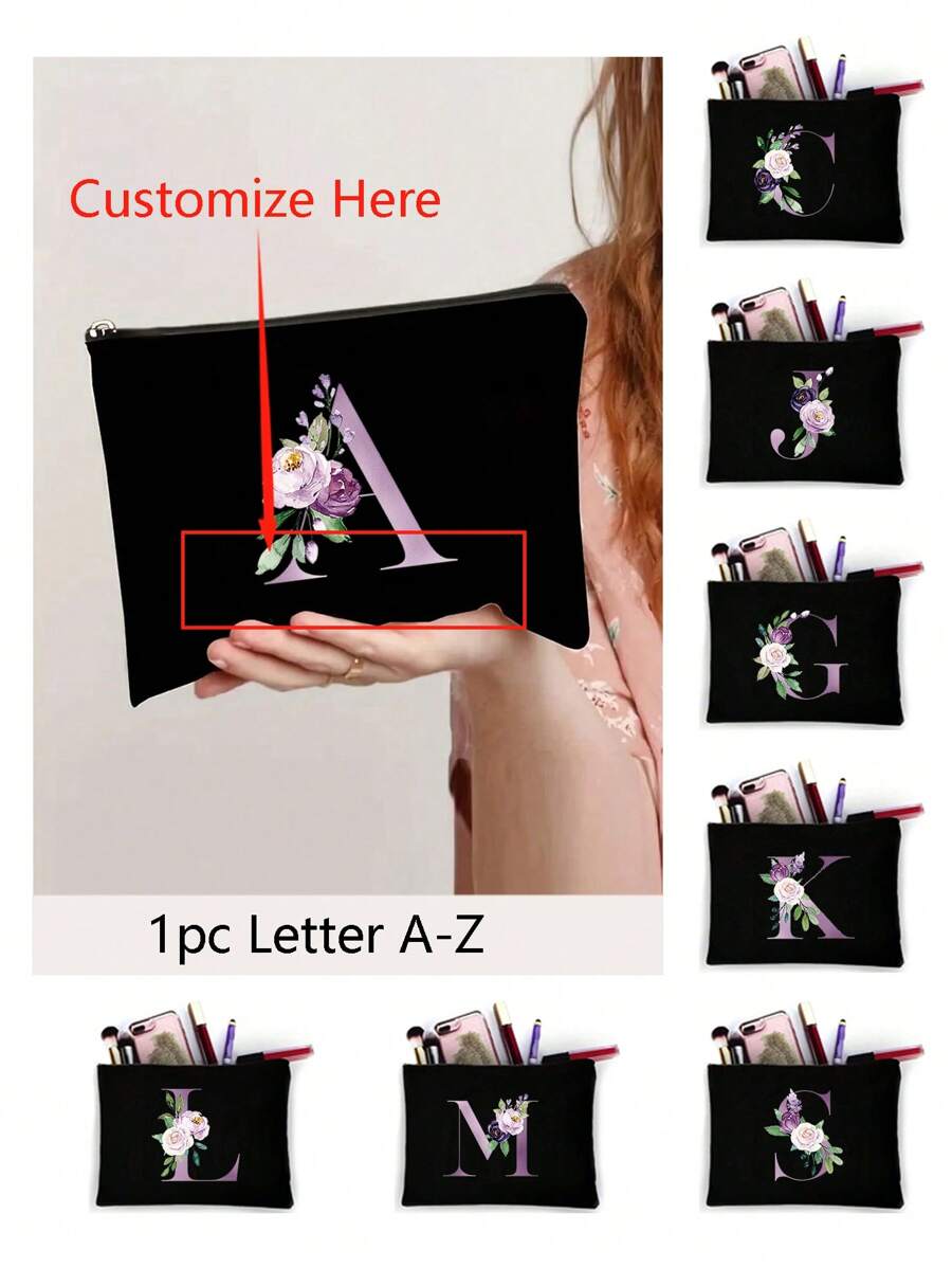 1pc Customized Cosmetic Bag Personal Tailor Lady Makeup Bags Wallet Name Initials A To Z Custom Name Pattern Toiletry Organizer Pouch Personalized Wedding Party Wash Bag Zipper Phone Purse Pencil Pouch Make Up Bags Valentine's Day Gifts Clutch Bag Bridesmaid Make Up Pouch Toiletries Organizer Bag Cosmetic Case - Black - View 1