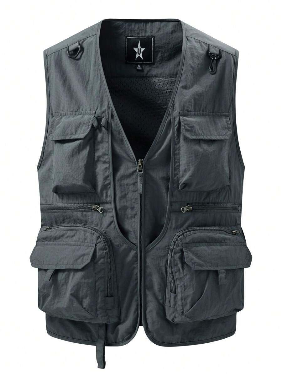 Áo khoác không tay chụp ảnh ngoài trời mùa xuân/hè nhẹ cho nam có nhiều túi, nhanh khô, thích hợp cho các hoạt động ngoài trời như đi bộ đường dài, câu cá, thể thao thường ngày - Xám - Xem 1