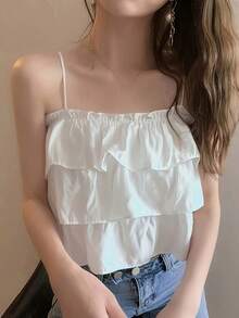 Camisola casual primavera/verano con dobladillo de volantes y unicolor para mujeres