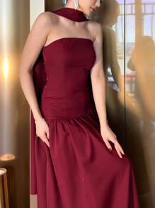 Women Summer Bandage Tube Long Dress With Scarf, Bodycon Sexy Elegant Party Dress Evening, Wedding Guest Dress, Formal Dress, Gown, Valentine's Day - Burgundy - View 1
