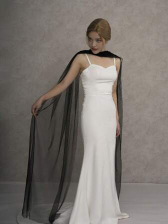 1 件优雅简约透明雪纺超长拖尾，百搭时尚设计，适合礼服、婚礼、派对、T 台秋装，女士