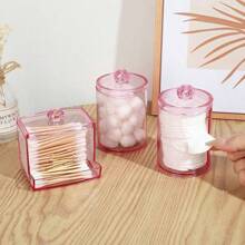 Qtip 支架分配器带盖 - 10 盎司浴室收纳盒，用于化妆棒球浴盐梳妆台罐台面收纳罐，透明粉色，适用于假日海滩、浴室收纳、卧室收纳，大容量 - 粉色 - 查看 3