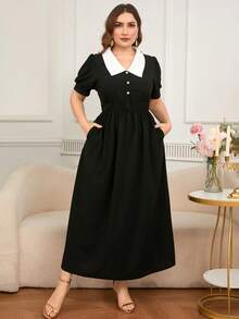 DEARCASE Plus Size Women's Color Block Collar Short Sleeve Dress - Black - View 3