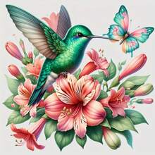Kit de pintura de diamantes 5D - Diseño de flores, mariposas y picaflor, diamantes redondos completos, kit de bordado de acrílico, adecuado para decoración del hogar, set de arte de diamantes sin marco