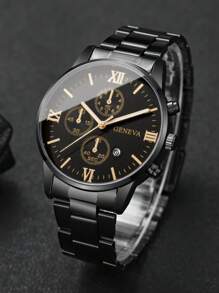 1pc Men's Steel Strap Fashion Sophisticated Roman Scale Dial Calender Quartz Wristwatch, Classic Design (No Watch Box Included) - Black - View 5