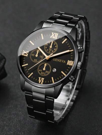 1pc Steel Strap Sophisticated Roman Scale Dial Calender Quartz Wristwatch, Classic (No Horloge Box Included) view 5