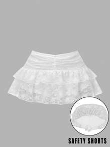 Women's Lace Ruffle Drawstring Pleated Cute Cake Mini Skirt, Suitable For Gathering, Shopping, Party, White
