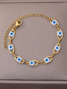 1 Pieza Pulsera con colgante de ojo azul malvado en forma oval para mujeres, color dorado de acero inoxidable con cuentas de esmalte, joyería de regalo