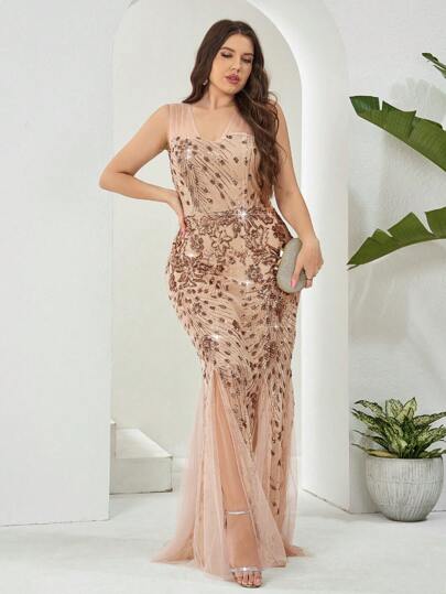 Plus Size Women Sparkling Sequin Contrast Mesh Formal Gown, Wedding Dress, Party Dress, Wedding Guest Dress, Evening Dress