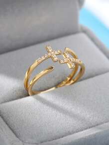 Anéis de aço inoxidável com cruz deslocada de zircônia cúbica minúscula para mulheres, anel ajustável aberto antidesbotamento banhado a ouro 18K, joias com pingente dourado para casamento, acessórios para festas e férias, presentes para ela/mãe/melhores amigas - Aço inoxidável - Ver 11