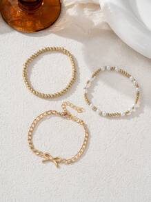 3 pièces Ensemble de bracelets élégants à multi-couches avec imitation de perles et décoration de papillon, accessoire cadeau pour femme pour soirée, rendez-vous et usage quotidien - Or jaune - Voir 4