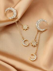 1 Pair Fashionable, European And American Style, Punk, Casual, Gold Metal, Fully Paved Rhinestone Octagonal Star Moon Asymmetrical Earrings, Stylish Charming Gold Inlaid Rhinestone Jewelry, Shiny Rhinestone Star Moon Earrings, Suitable For Women's Daily Wear, Various Holidays, Beach Vacation, Socializing, Parties And Events, Couples Gift, Mother's Day Gift