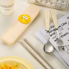 1 件套不锈钢奶酪形勺子、叉子和筷子套装，便携式 3 件套学生餐具，卡通设计饭勺