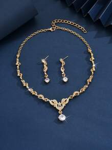 3pcs Women's Heart & Flower Rhinestone Embellished Wedding Jewelry Set