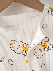 1 pieza Mono para bebé niño, estampado de oso de dibujos animados lindo, tela de jacquard, mono para recién nacido, pijama de manga corta para uso en casa, verano - Blanco - Ver 4