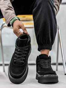 Men's Vintage Retro Solid Black High-Top Lace-Up Motorcycle Boots, High-Top Thick Sole Raised Height Non-Slip Fashion Leather Skate Sneakers - Black - View 6