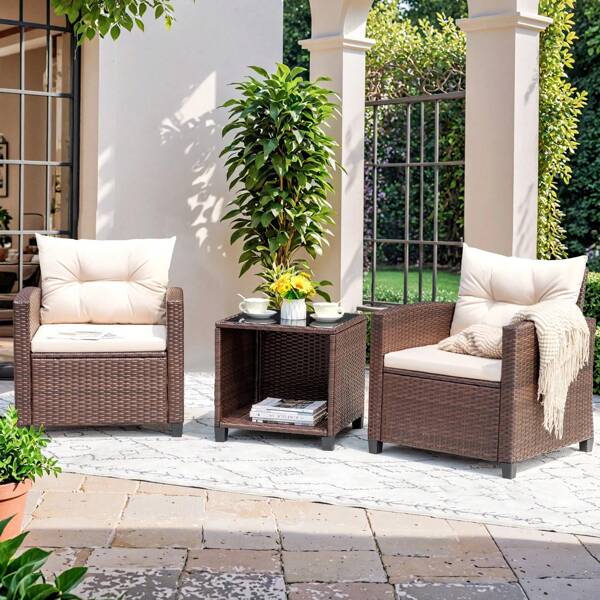 3 Pieces Outdoor Furniture Patio Bistro Furniture Set, Rattan Conversation Chair With Cushion And Tea Table, Patio Furniture Set For Balcony, Garden, Porch, Beige